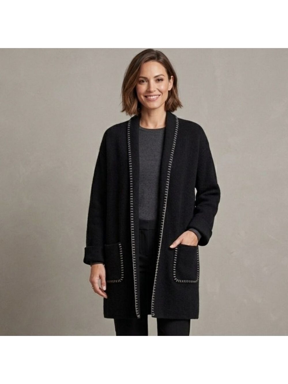 Magaschoni Knit Longline Cardigan Contrast Stitching Women Large Black Luxurious